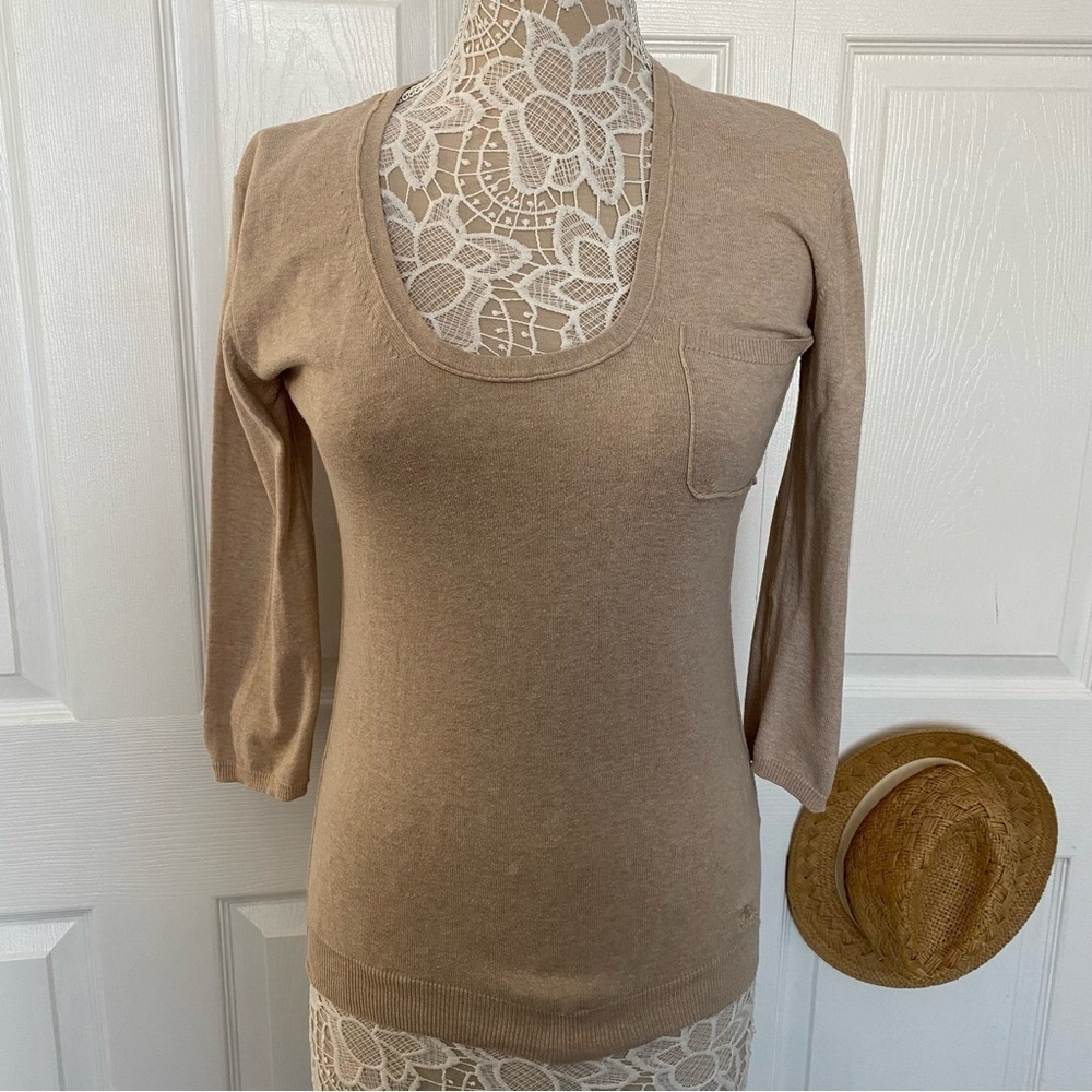 Burberry Brit scoop neck beige cotton sweater embroidered logo 3/4 sleeve XS